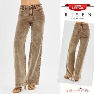 RISEN High Rise Waist Zipper Fly Washed Wide Leg Relaxed Corduroy Pants | Mocha